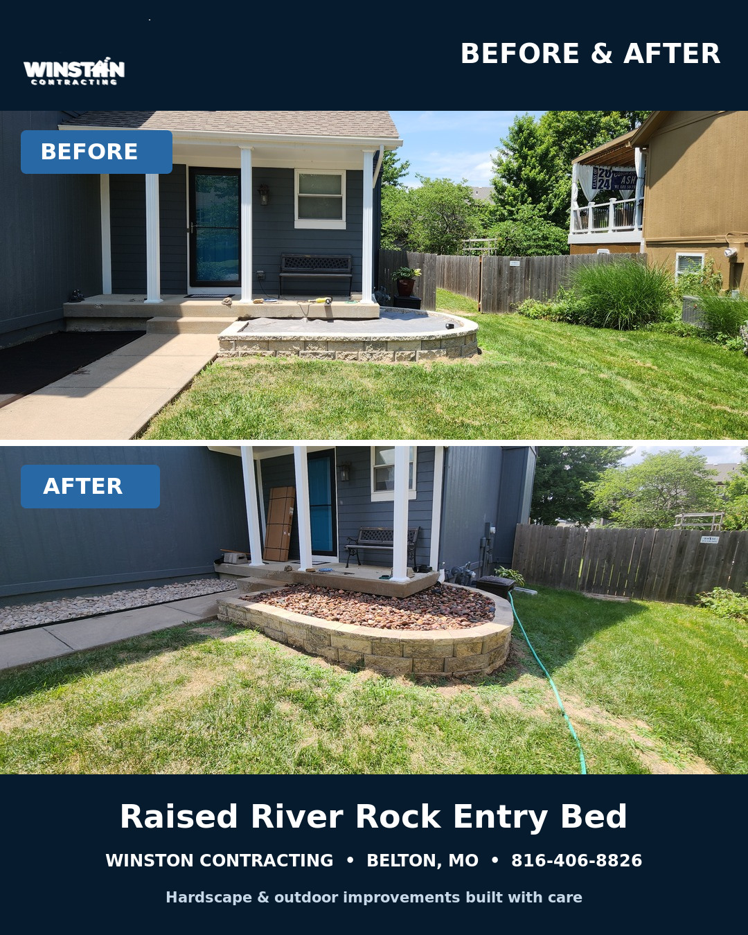 Before and after of a raised river rock entry bed